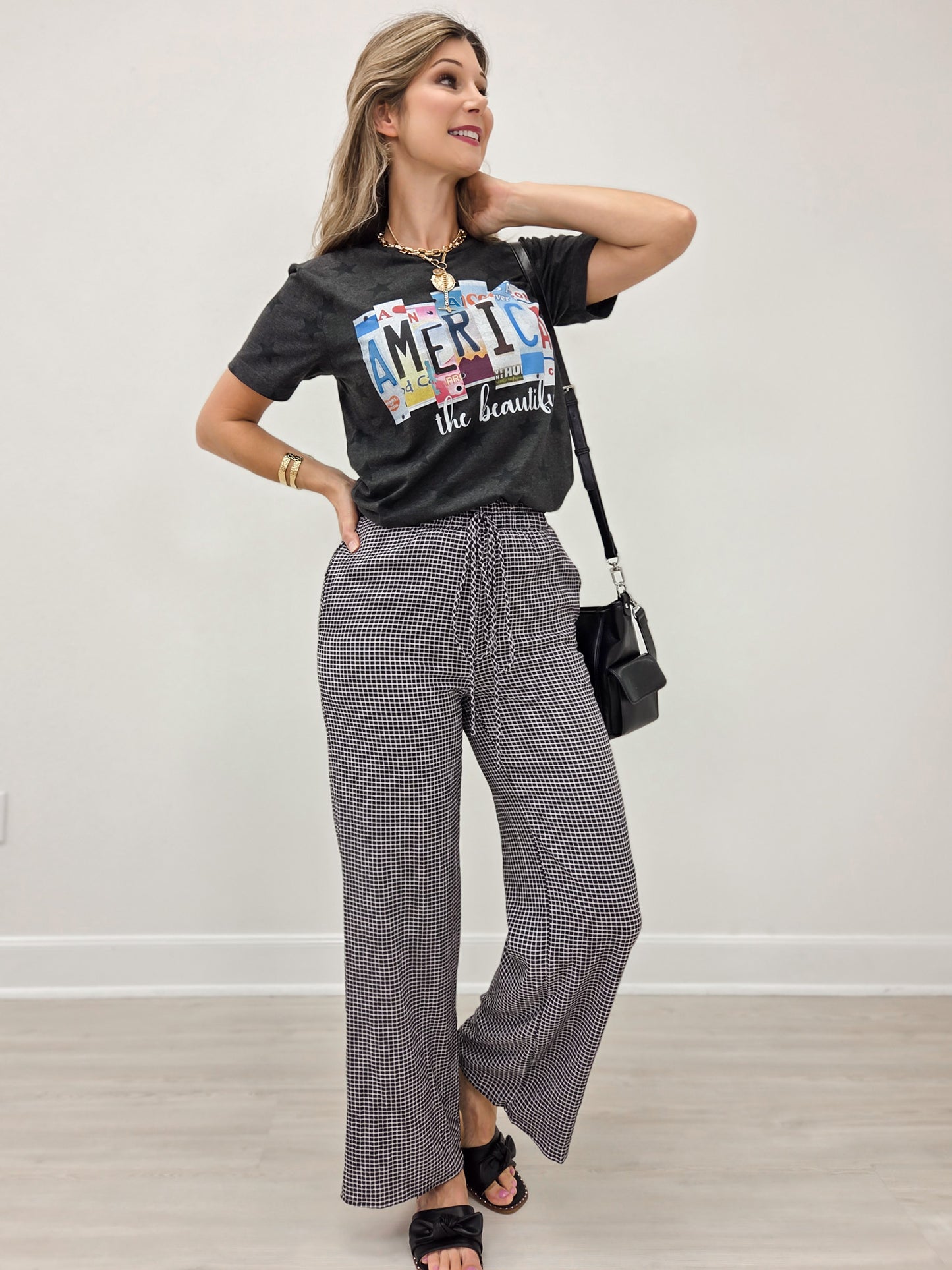 Mid Rise BLACK and WHITE Checkered Print Straight Leg Pants