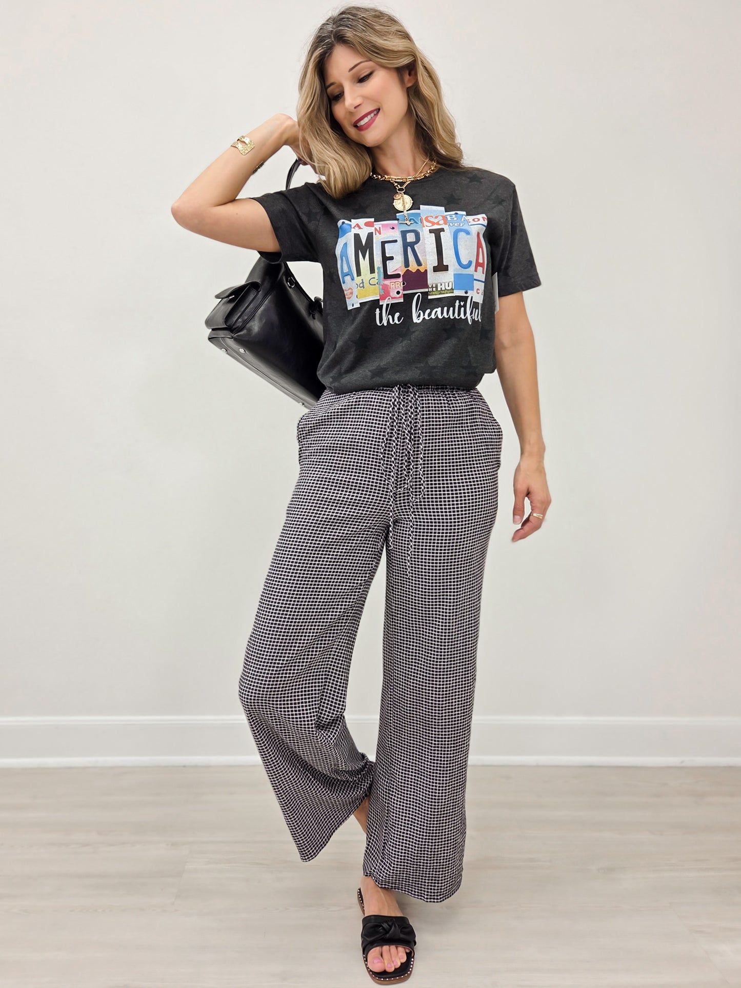 Mid Rise BLACK and WHITE Checkered Print Straight Leg Pants