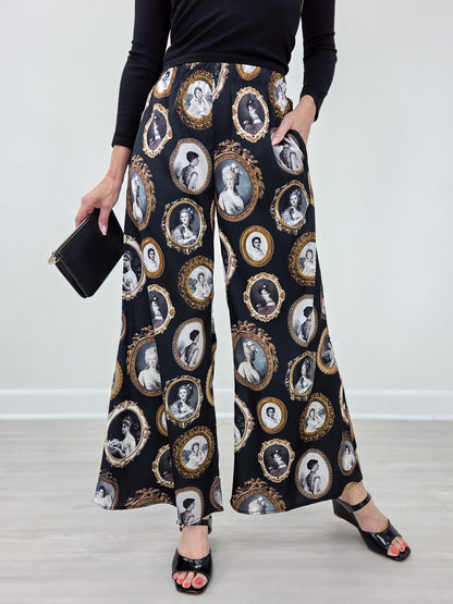 Vintage Portrait Print Wide Leg Pants Plus