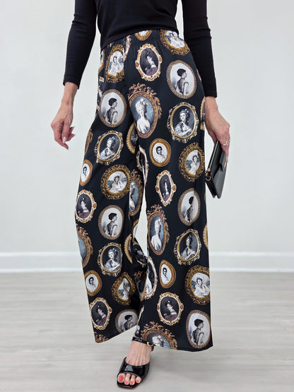 Vintage Portrait Print Wide Leg Pants Plus