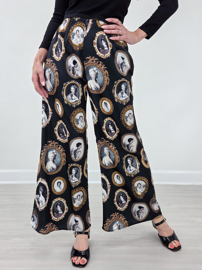 Vintage Portrait Print Wide Leg Pants Plus