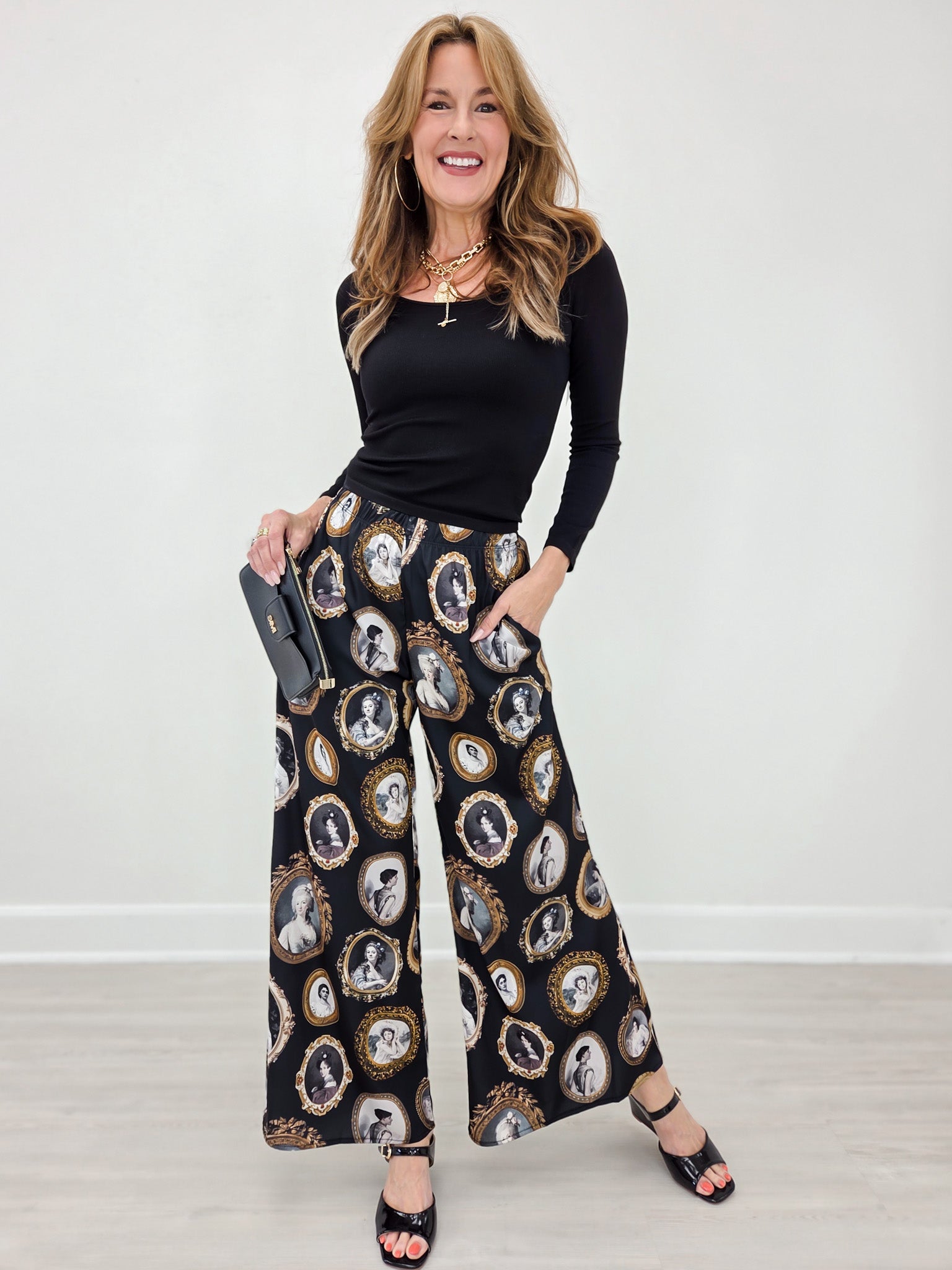 Vintage Portrait Print Wide Leg Pants Plus