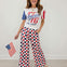High Waist Checkered Straight Leg Knit Pants-Red And Blue
