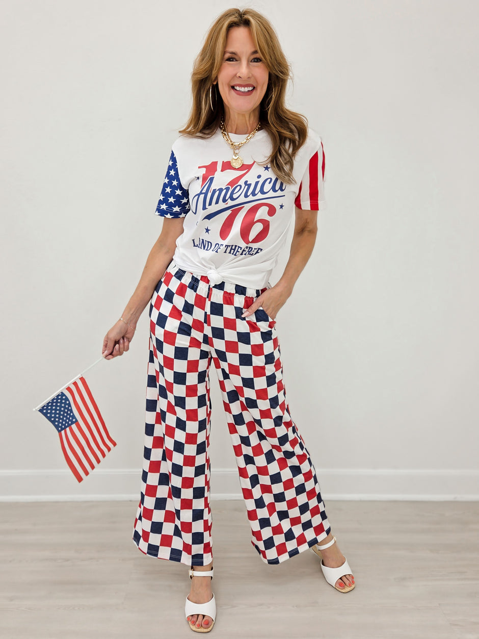 High Waist Checkered Straight Leg Knit Pants-Red And Blue
