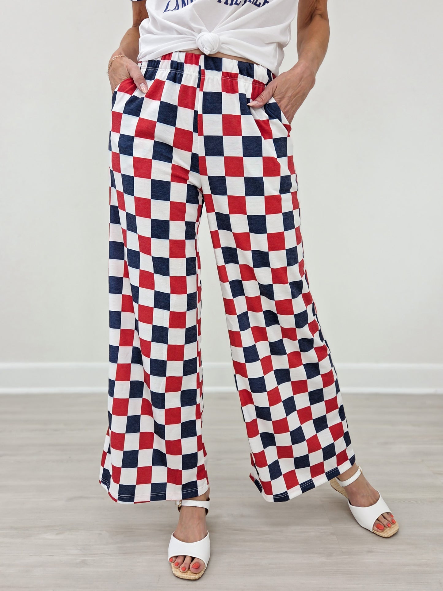 High Waist Checkered Straight Leg Knit Pants-Red And Blue