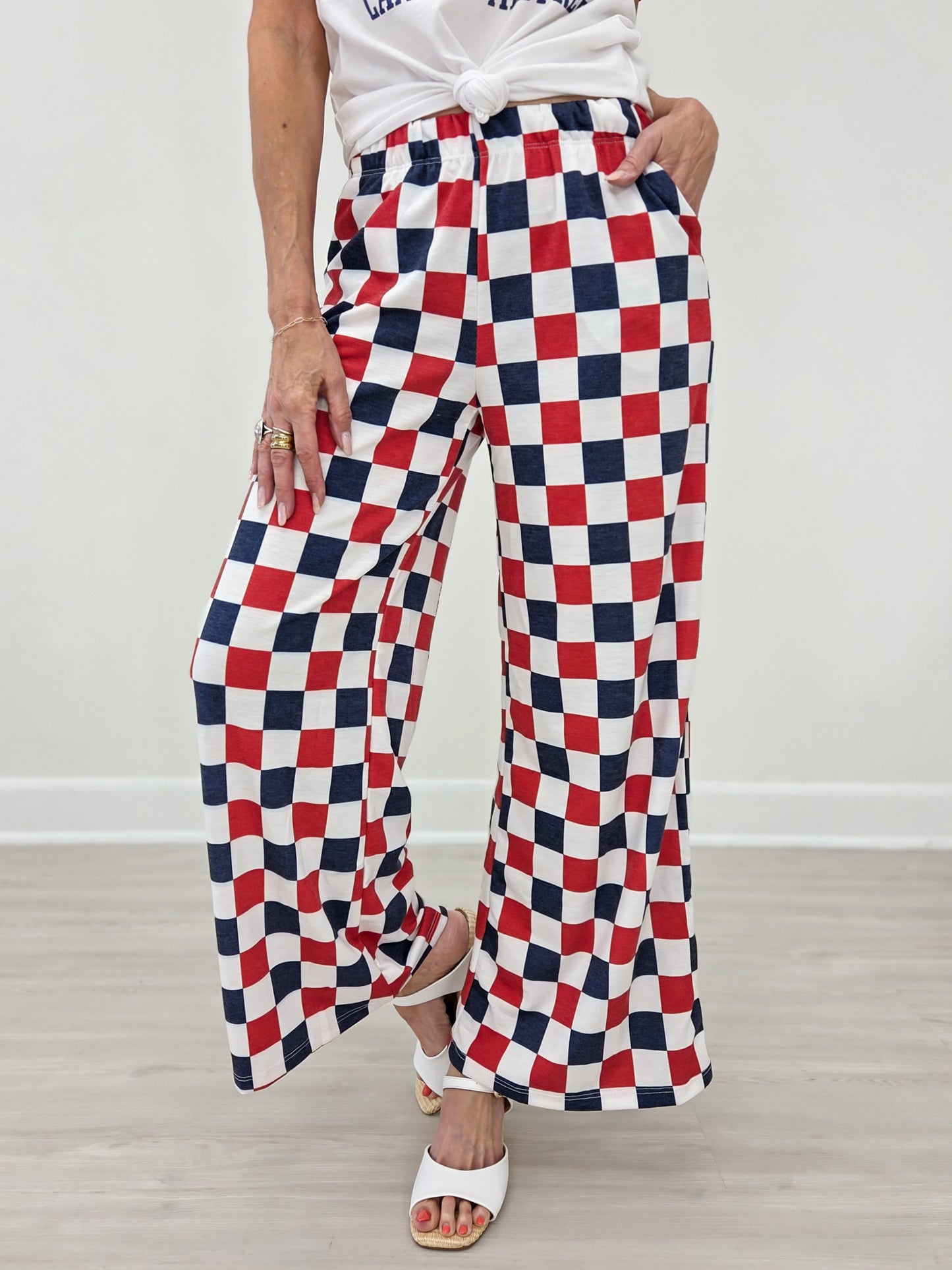 High Waist Checkered Straight Leg Knit Pants-Red And Blue
