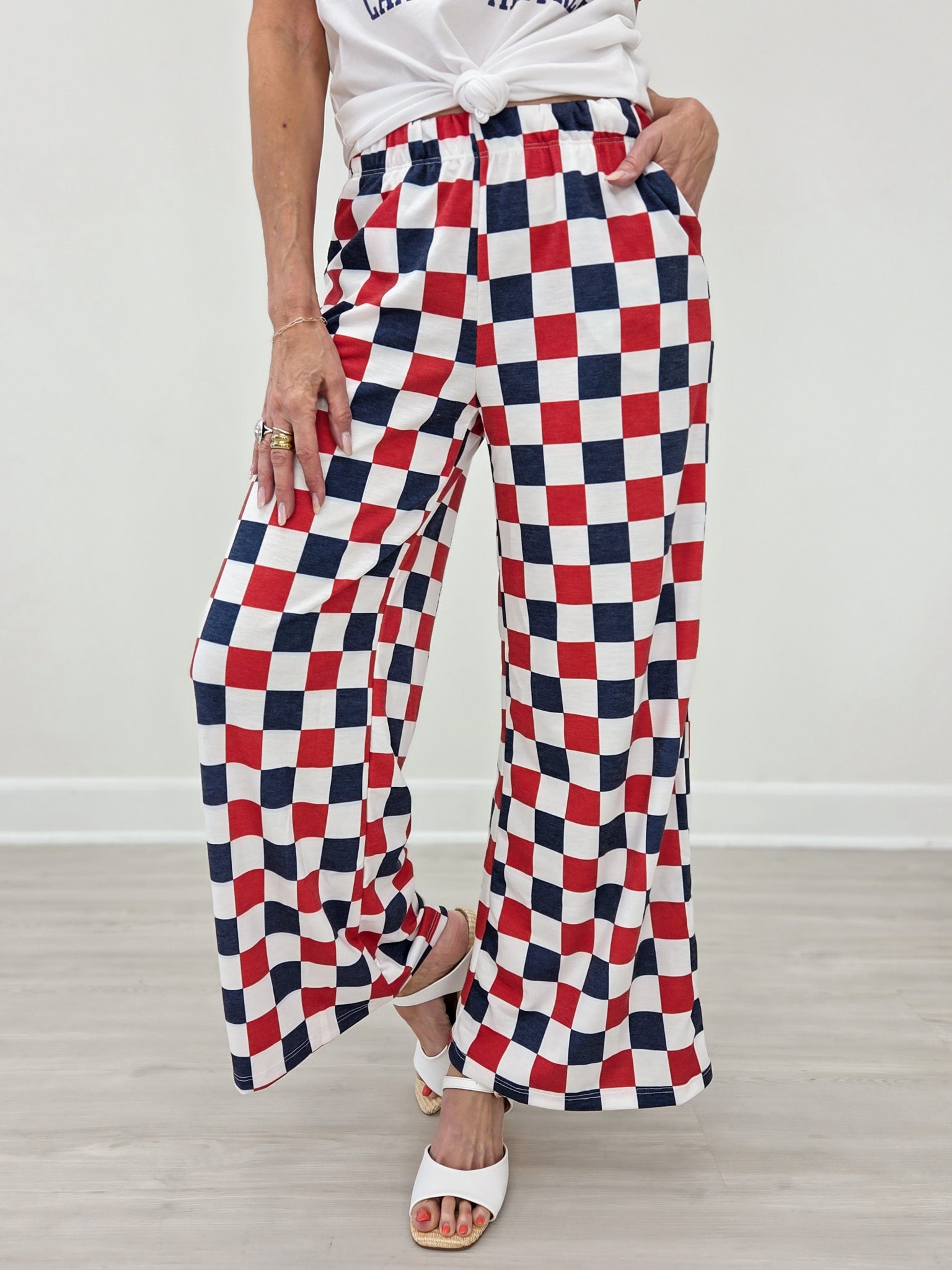 High Waist Checkered Straight Leg Knit Pants-Red And Blue