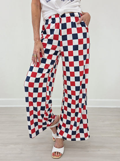 High Waist Checkered Straight Leg Knit Pants-Red And Blue