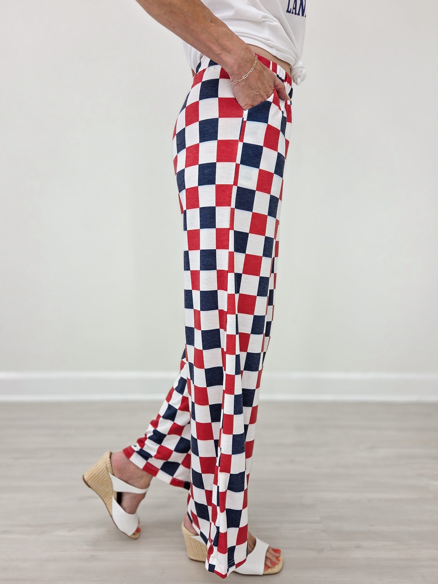 High Waist Checkered Straight Leg Knit Pants-Red And Blue