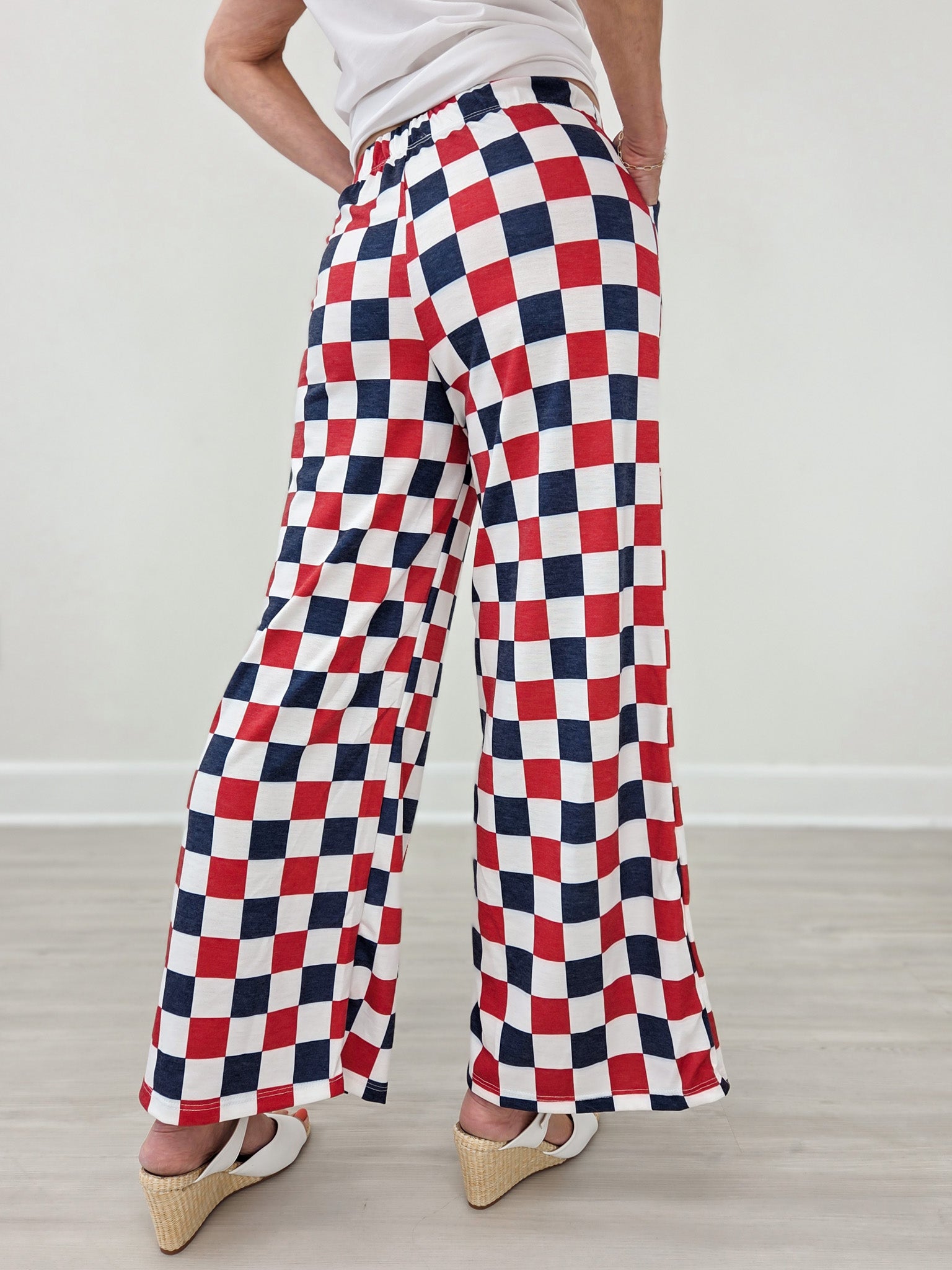High Waist Checkered Straight Leg Knit Pants-Red And Blue