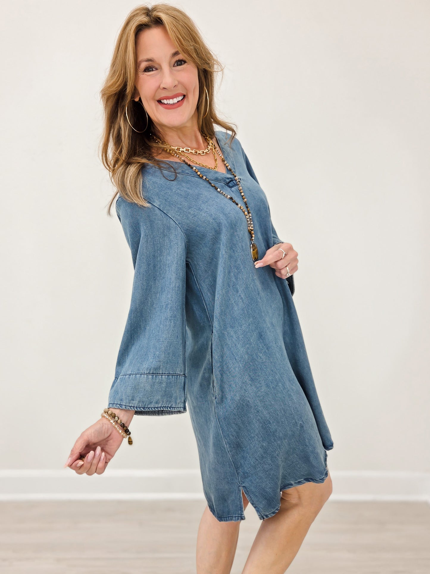 Washed Denim Dress with 3/4 Inch Sleeves
