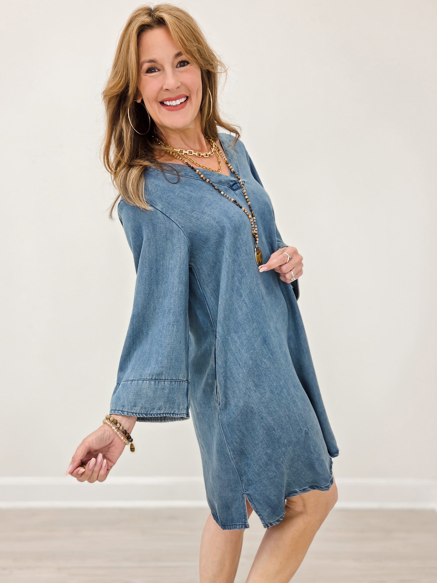 Washed Denim Dress with 3/4 Inch Sleeves