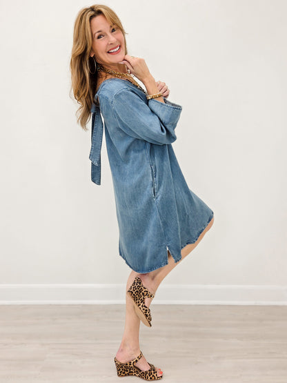 Washed Denim Dress with 3/4 Inch Sleeves