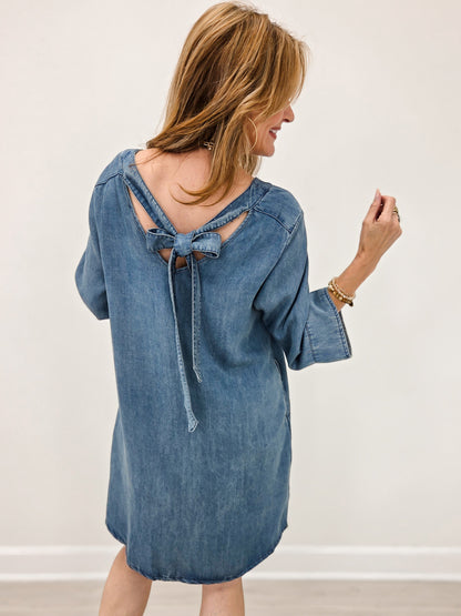 Washed Denim Dress with 3/4 Inch Sleeves