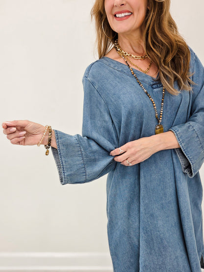 Washed Denim Dress with 3/4 Inch Sleeves