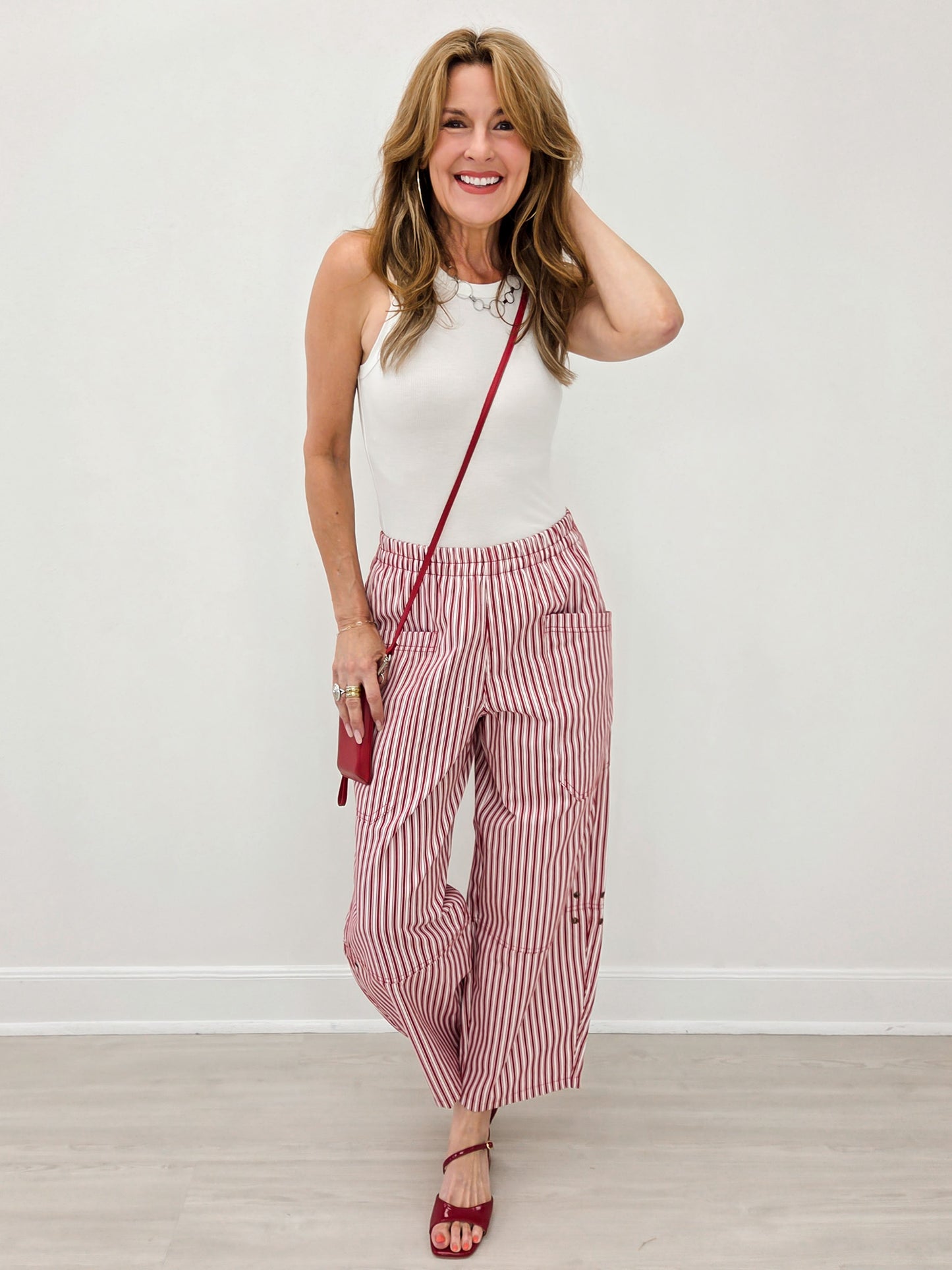 Stripe Pocket Detail Wide Leg Pants-Berry