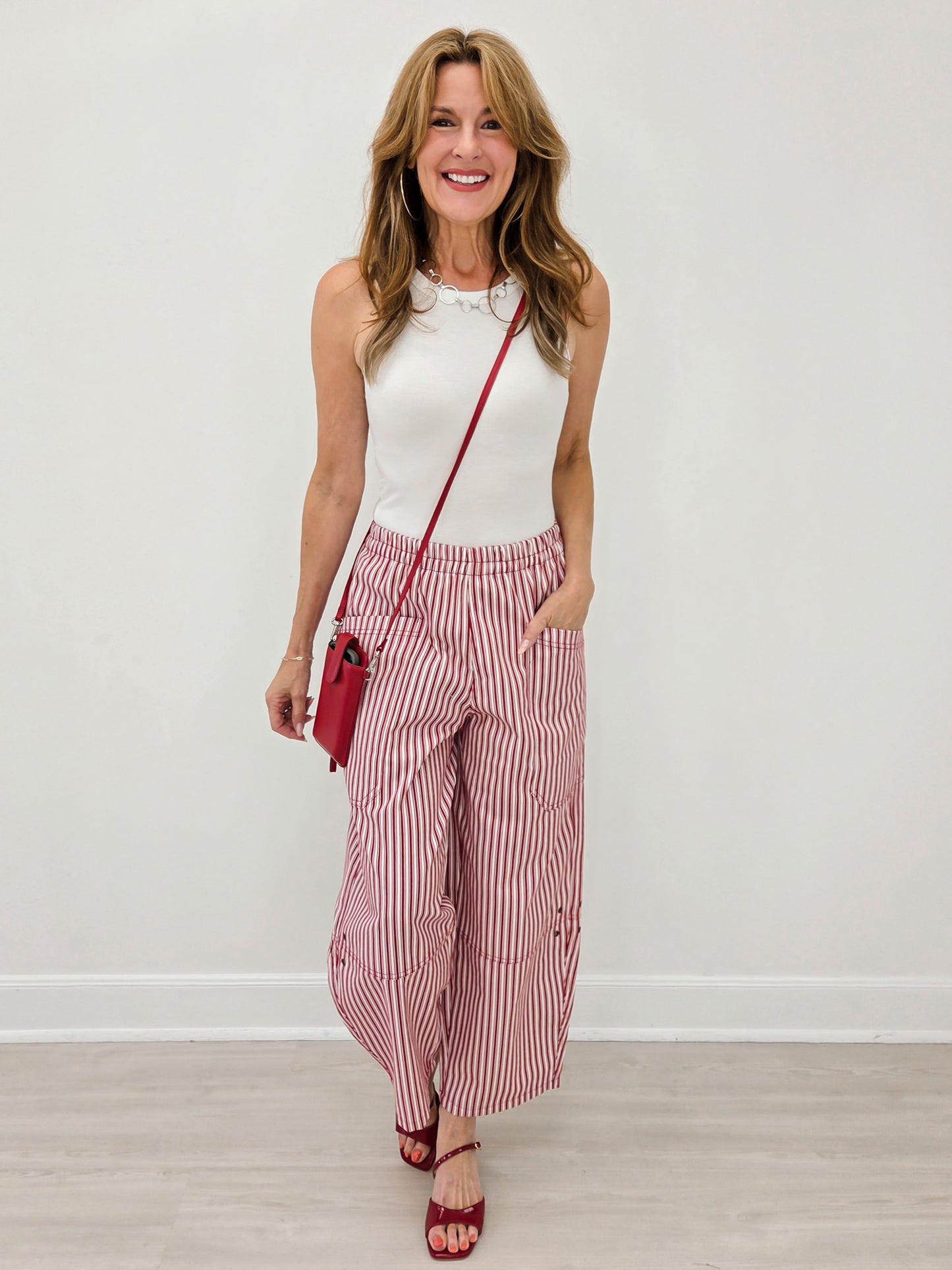 Stripe Pocket Detail Wide Leg Pants-Berry