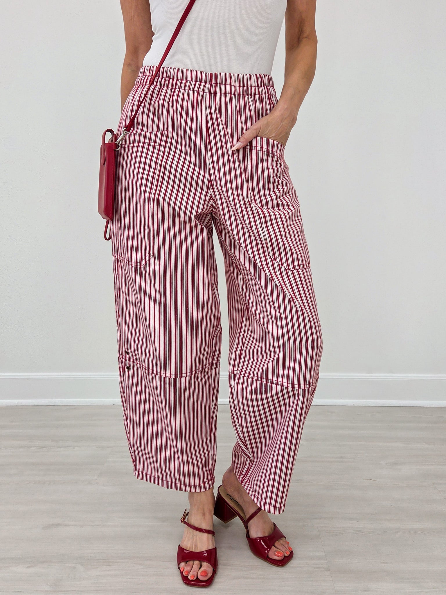 Stripe Pocket Detail Wide Leg Pants-Berry