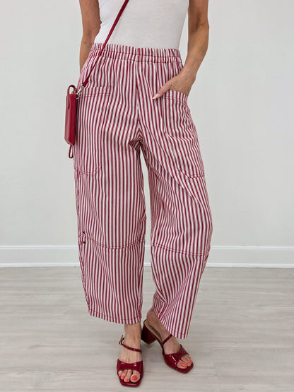 Stripe Pocket Detail Wide Leg Pants-Berry