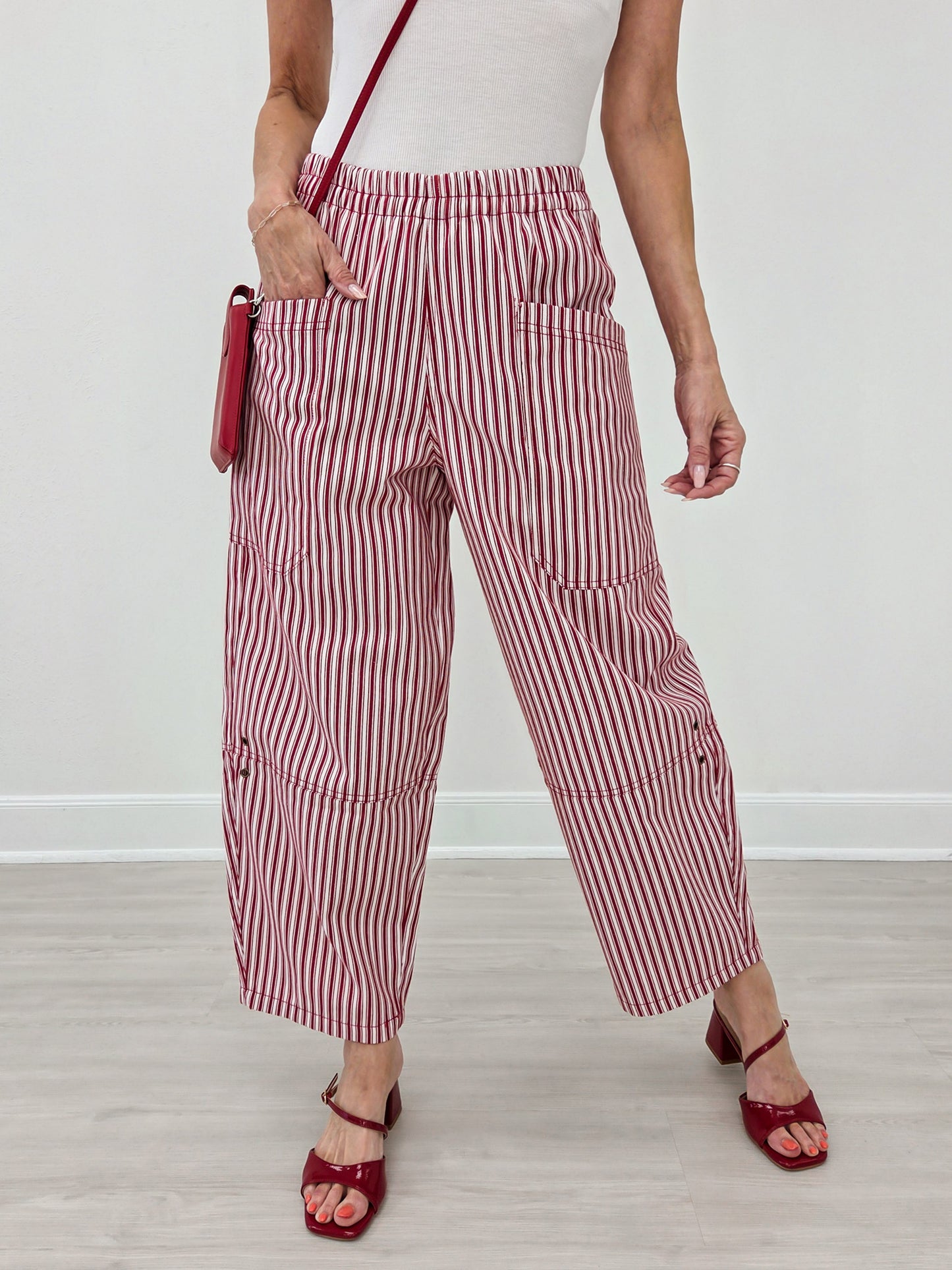 Stripe Pocket Detail Wide Leg Pants-Berry