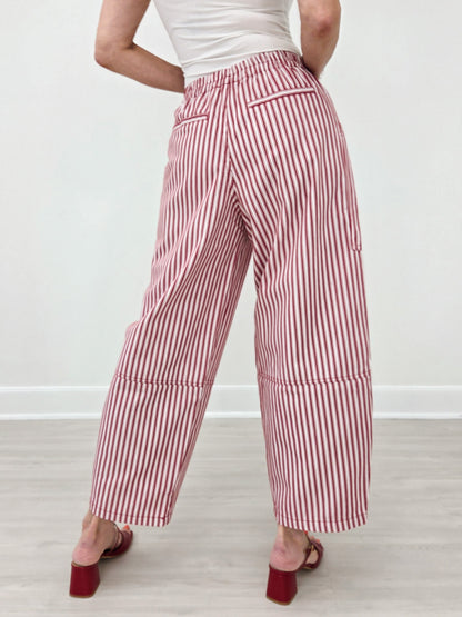 Stripe Pocket Detail Wide Leg Pants-Berry