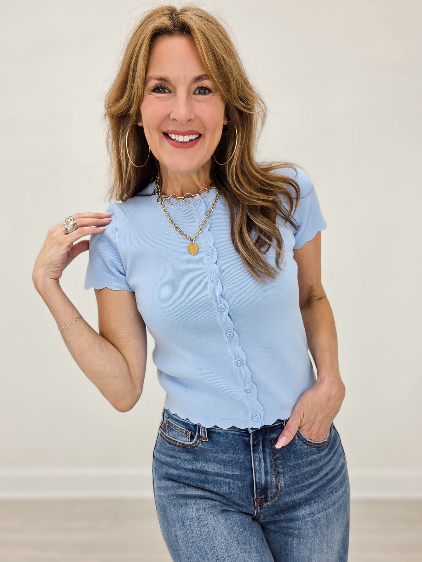 Scalloped Short Sleeve Button Down Knit Cardigan-Dusty Blue
