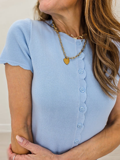 Scalloped Short Sleeve Button Down Knit Cardigan-Dusty Blue
