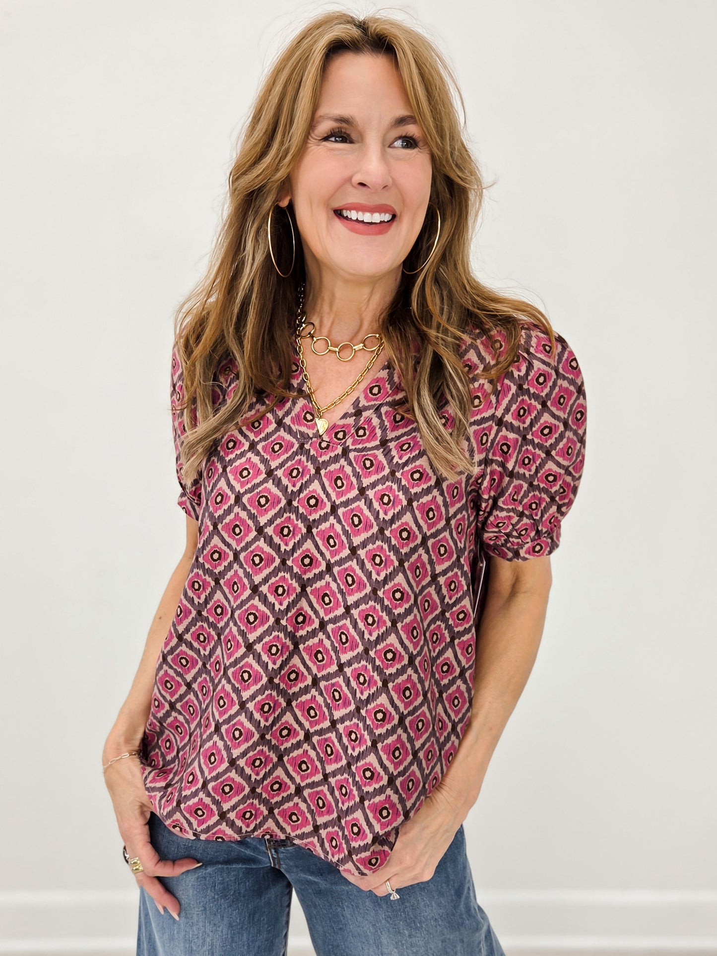 V-Neck Geo Printed Top
