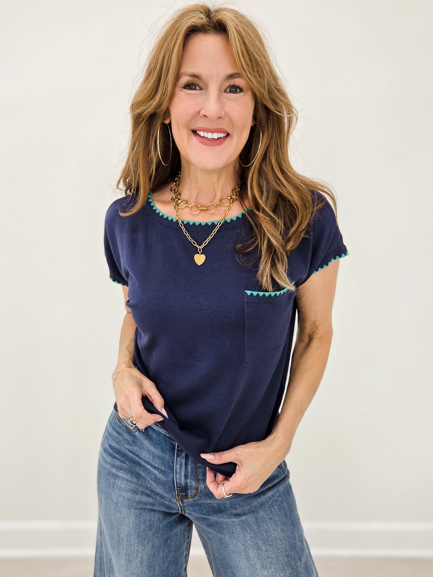 Blanket Stitched Short Sleeve Crew Neck Sweater Top