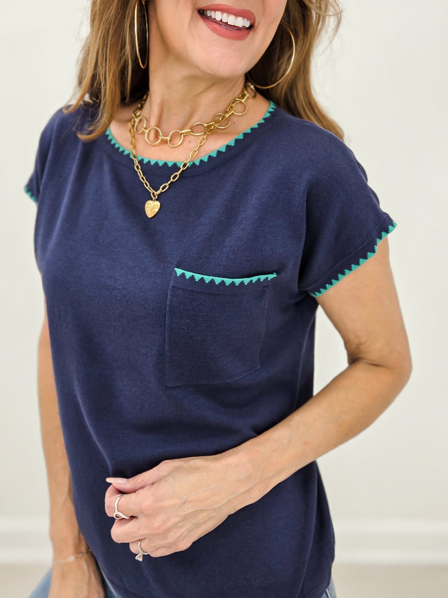 Blanket Stitched Short Sleeve Crew Neck Sweater Top