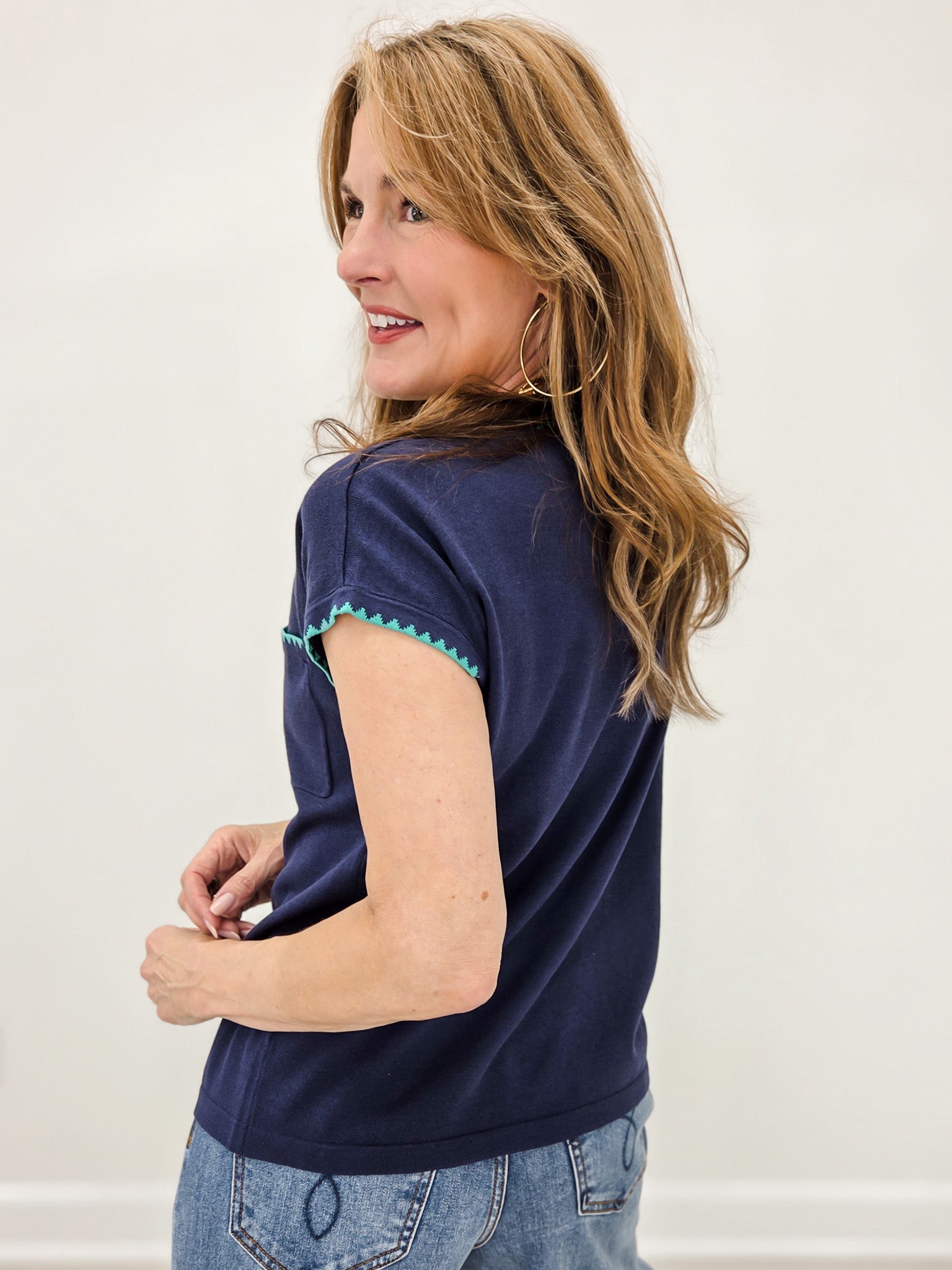 Blanket Stitched Short Sleeve Crew Neck Sweater Top