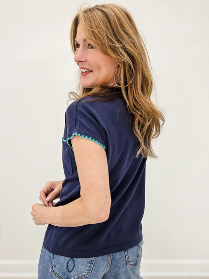 Blanket Stitched Short Sleeve Crew Neck Sweater Top