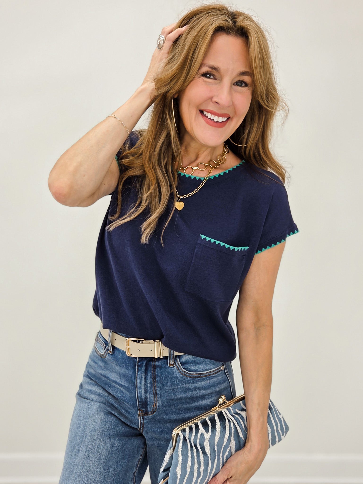 Blanket Stitched Short Sleeve Crew Neck Sweater Top