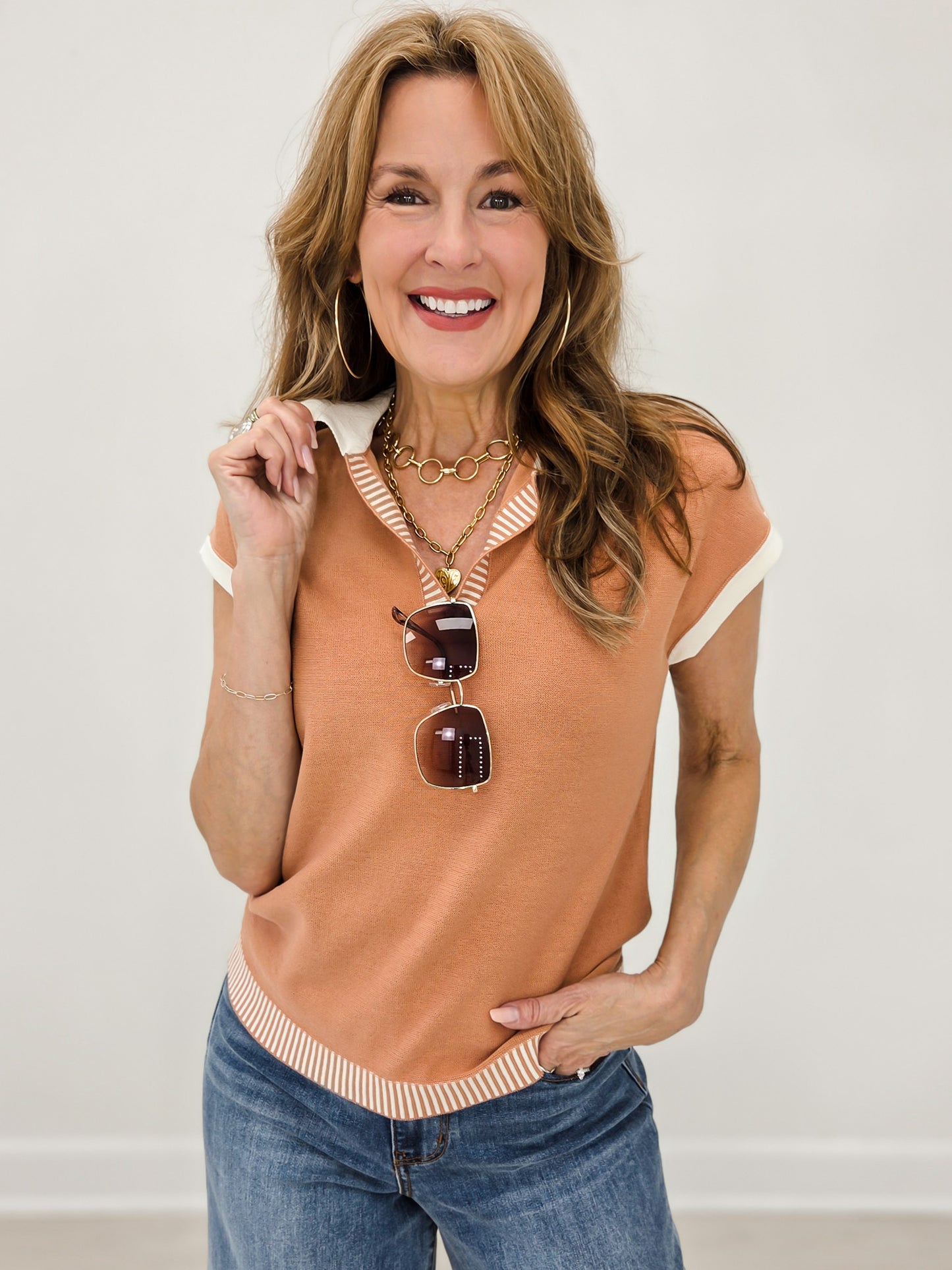 Collared Short Sleeve Accented Sweater Top