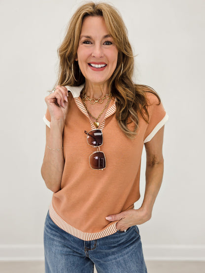 Collared Short Sleeve Accented Sweater Top