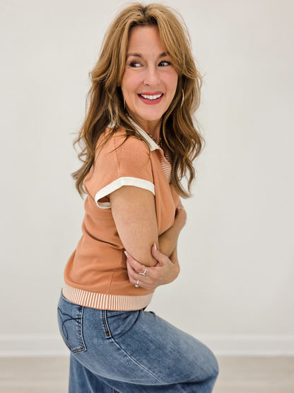 Collared Short Sleeve Accented Sweater Top