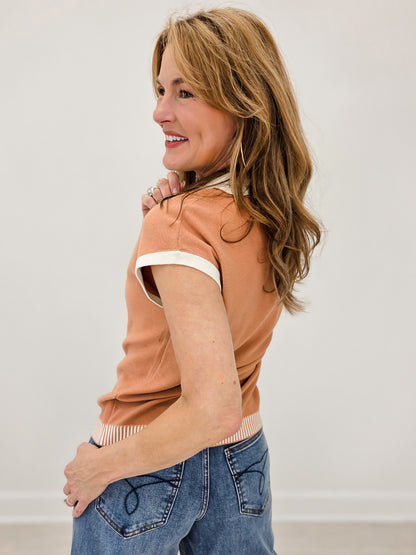 Collared Short Sleeve Accented Sweater Top