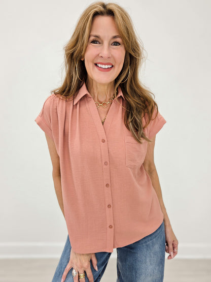 Smocked Short Sleeve Button Down Shirt with Collar