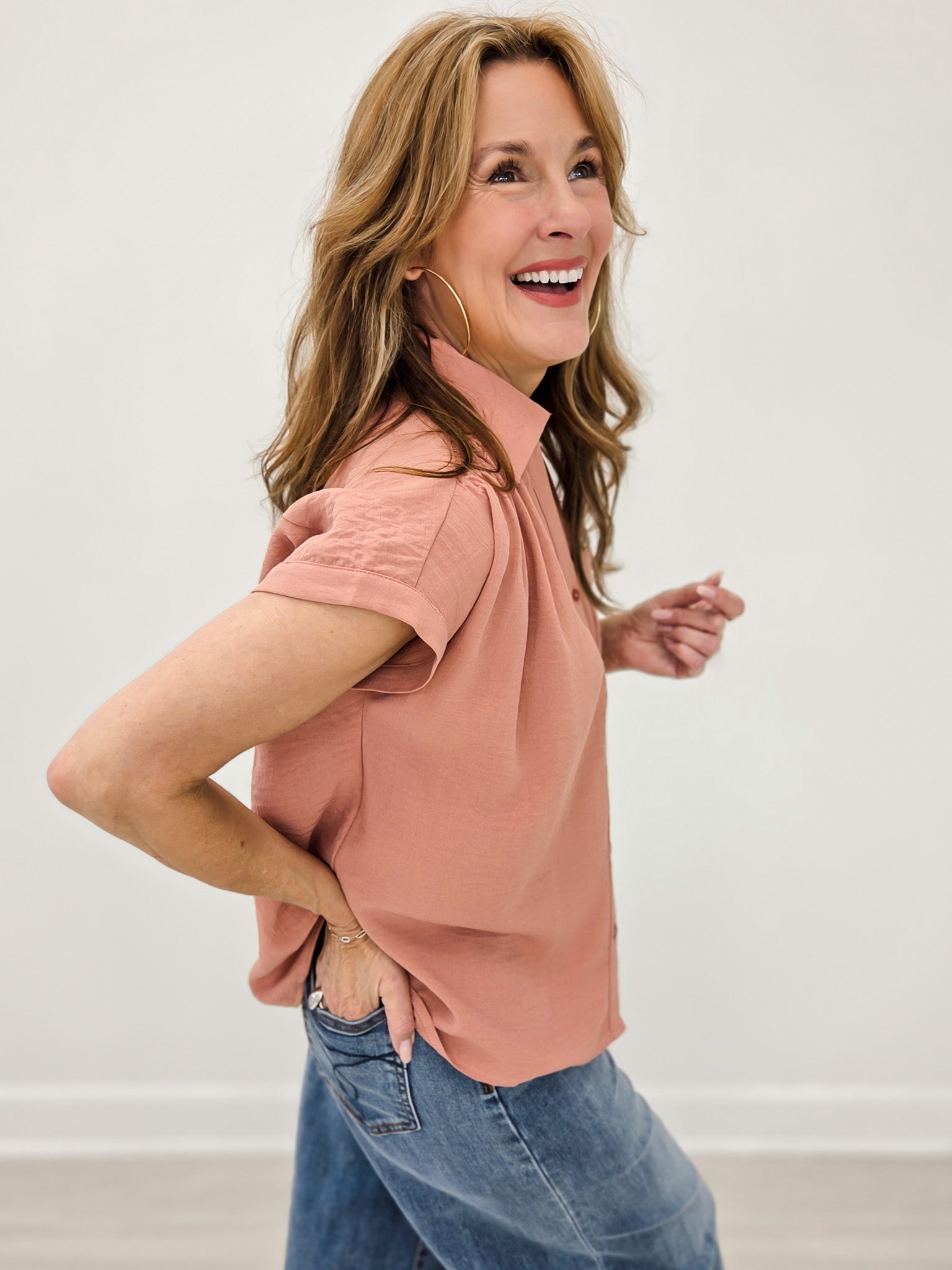 Smocked Short Sleeve Button Down Shirt with Collar