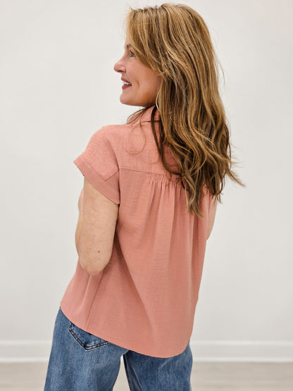 Smocked Short Sleeve Button Down Shirt with Collar