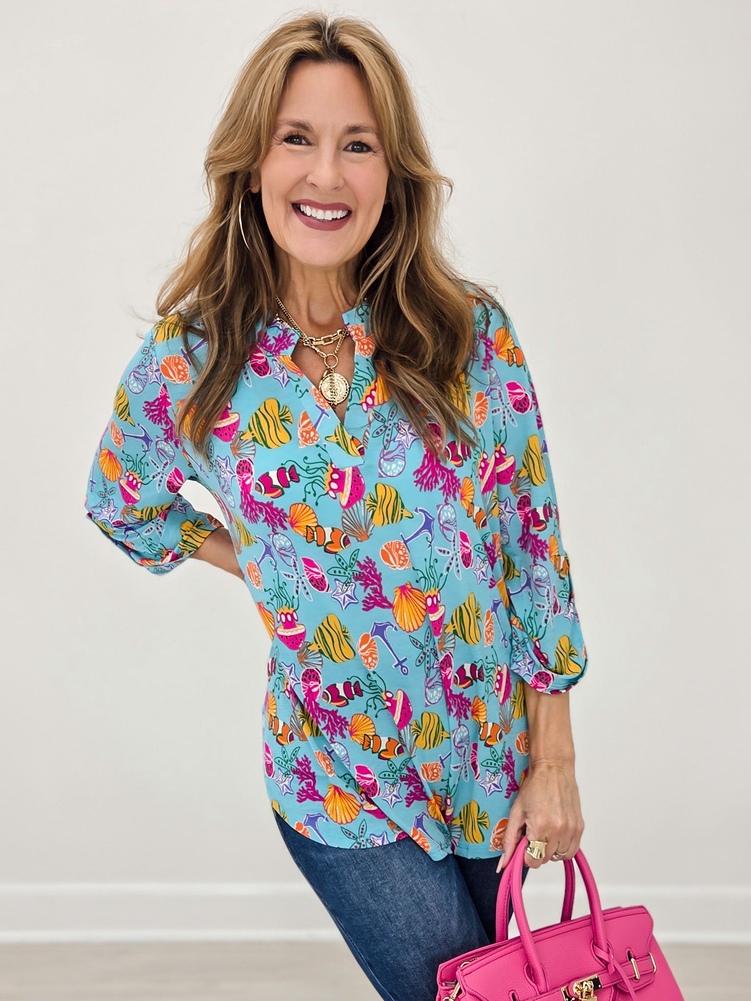 3/4 Inch Sleeve Lizzy With Mandarin Collar Top