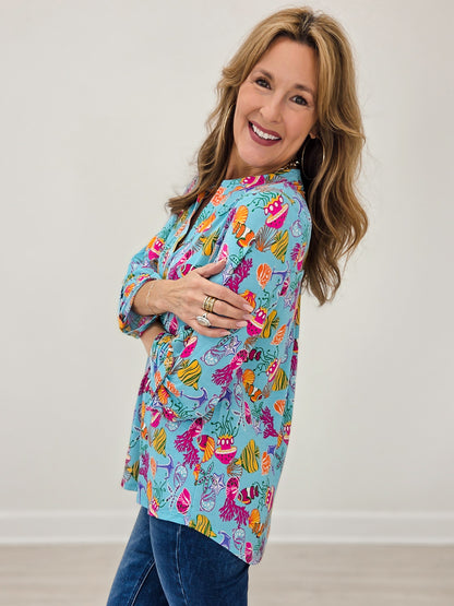 3/4 Inch Sleeve Lizzy With Mandarin Collar Top
