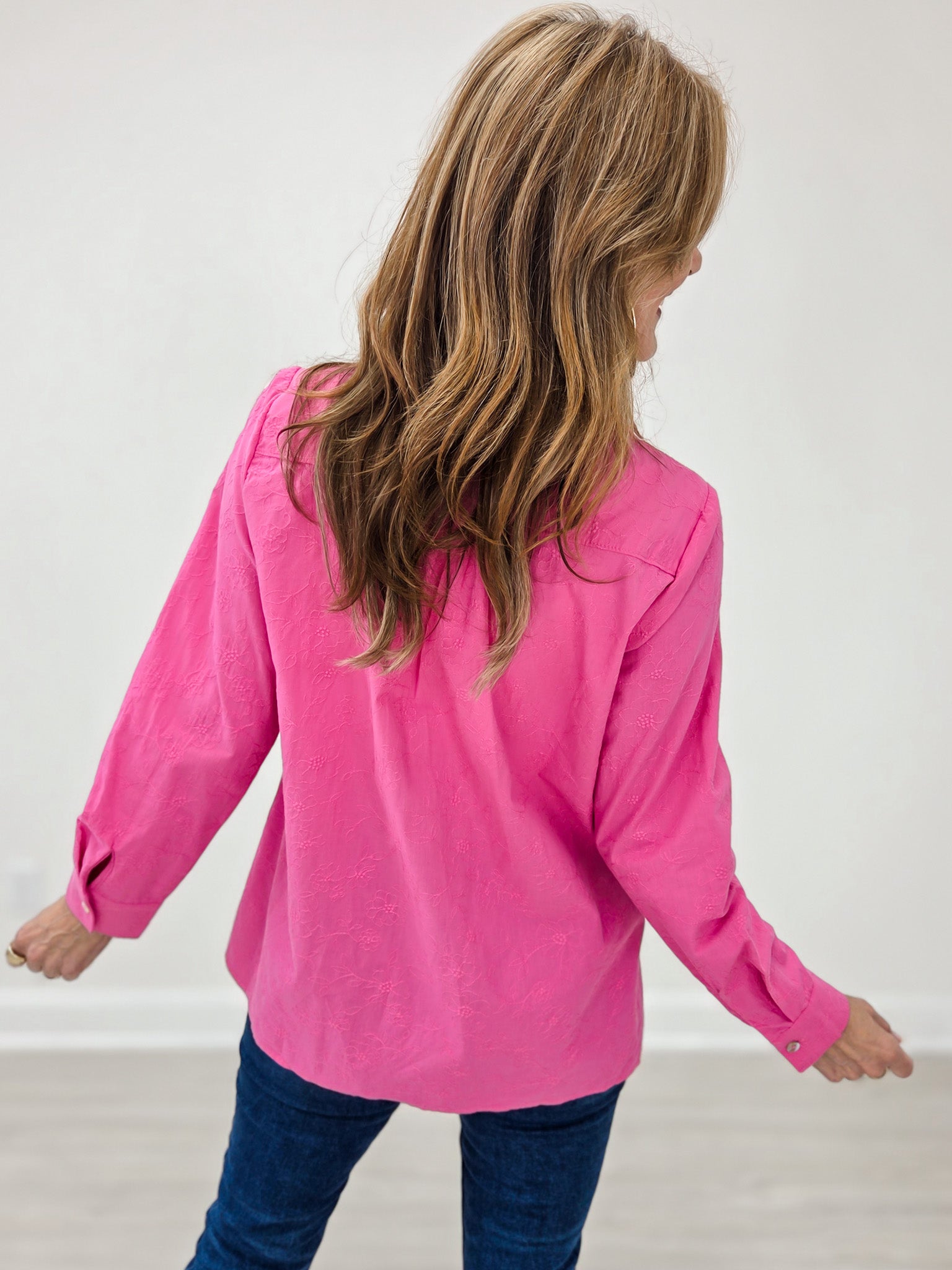 Long Sleeve Collared Button Down Top in Hot Pink