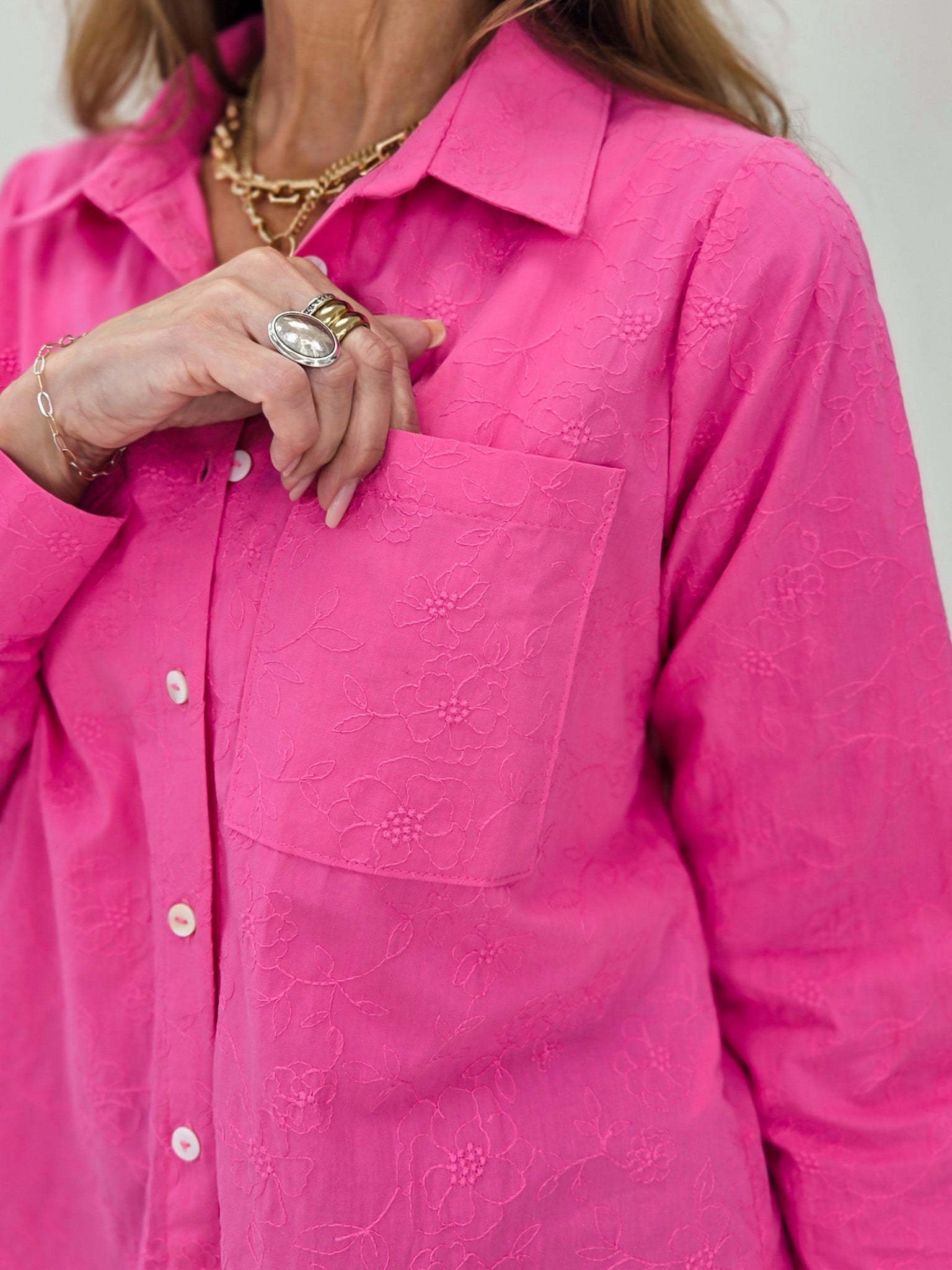 Long Sleeve Collared Button Down Top in Hot Pink