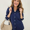 Long Sleeve Collared Button Down Top in Navy