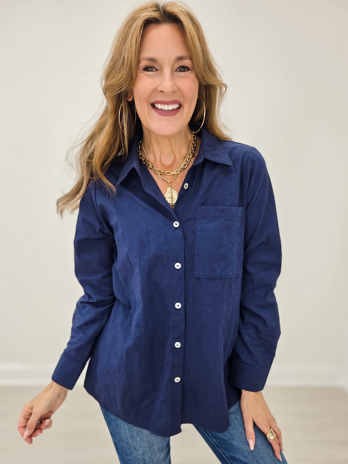 Long Sleeve Collared Button Down Top in Navy