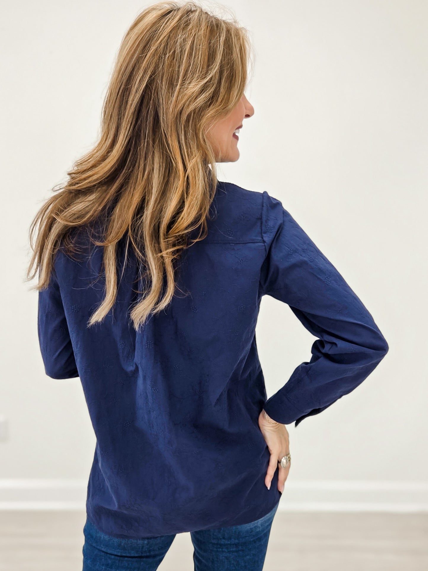Long Sleeve Collared Button Down Top in Navy