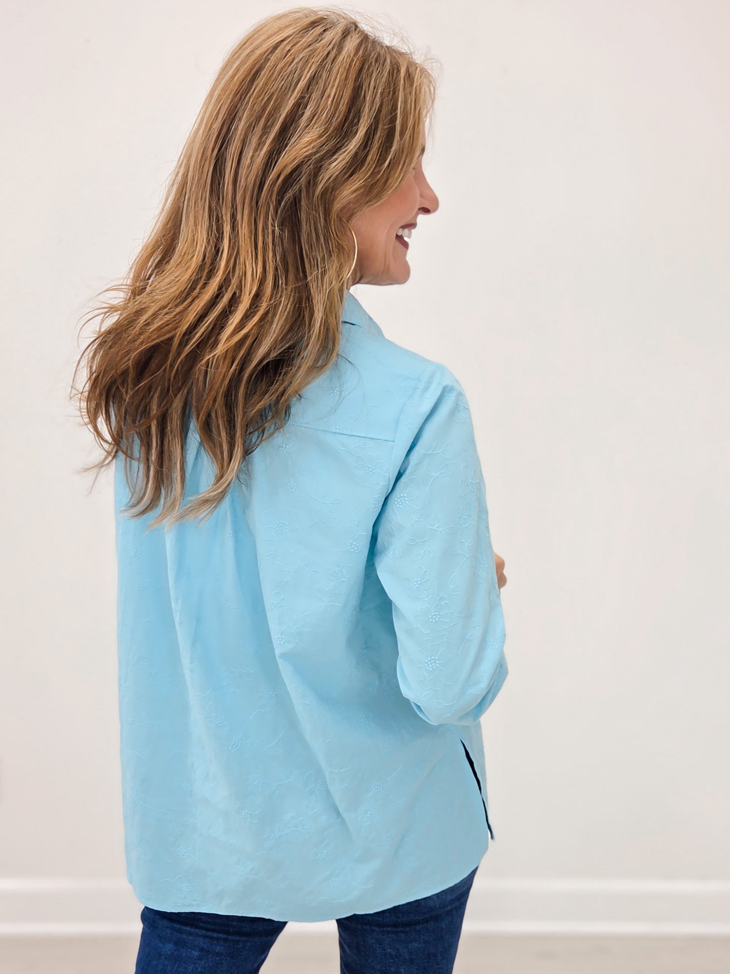 Long Sleeve Collared Button Down Top in Aqua