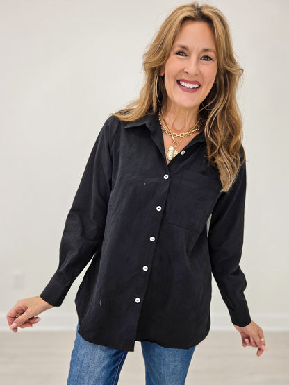 Long Sleeve Collared Button Down Top in Black