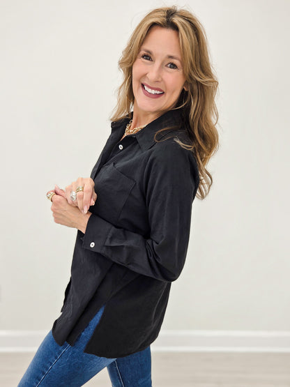 Long Sleeve Collared Button Down Top in Black